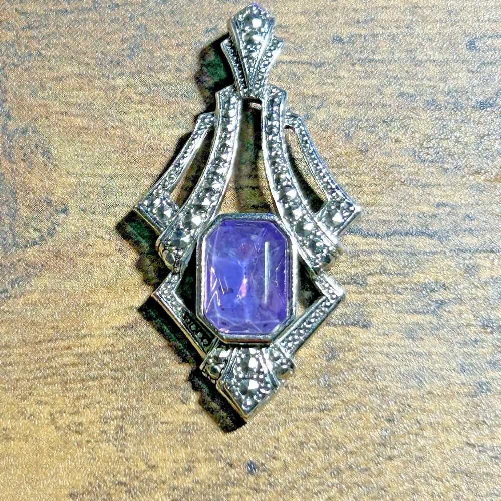 Vtg Avon Silver Tone Amethyst Pendant Art Deco Revival Jewelry Whimsical 1994